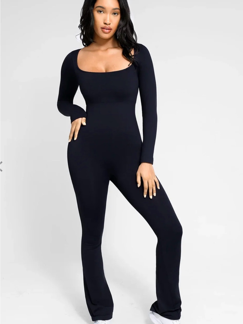 Long-Sleeve Black Square-Neck Jumpsuit
